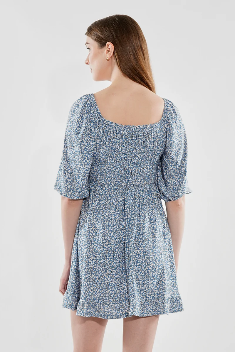 Floral Puff Sleeve Smocked Day Dress - Blue - Image 3