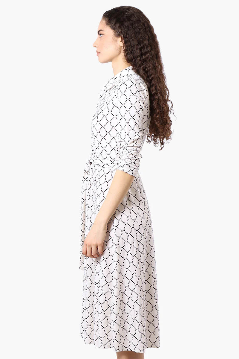 Patterned Button Up Belted Midi Dress - White - Image 2
