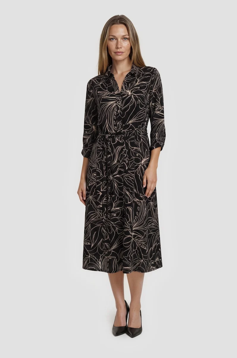 Printed Tie Waist Midi Dress - Black
