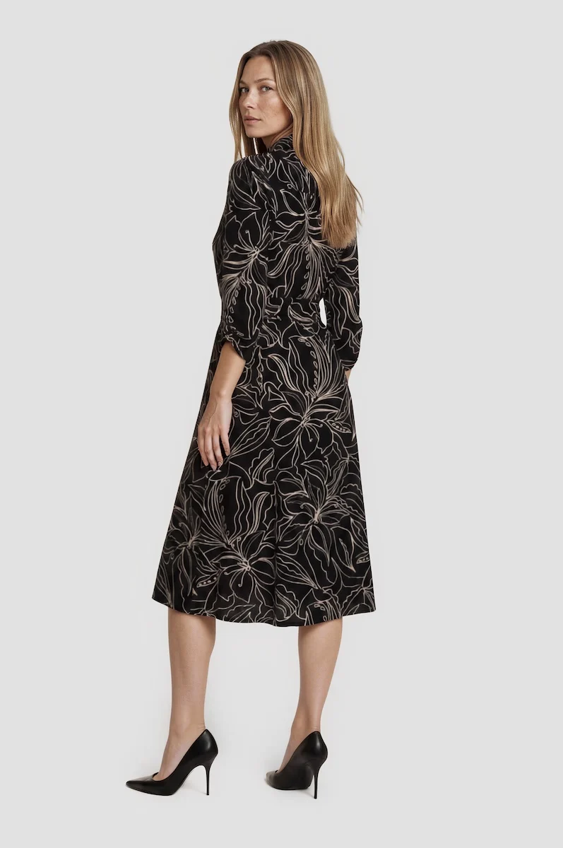 Printed Tie Waist Midi Dress - Black - Image 2