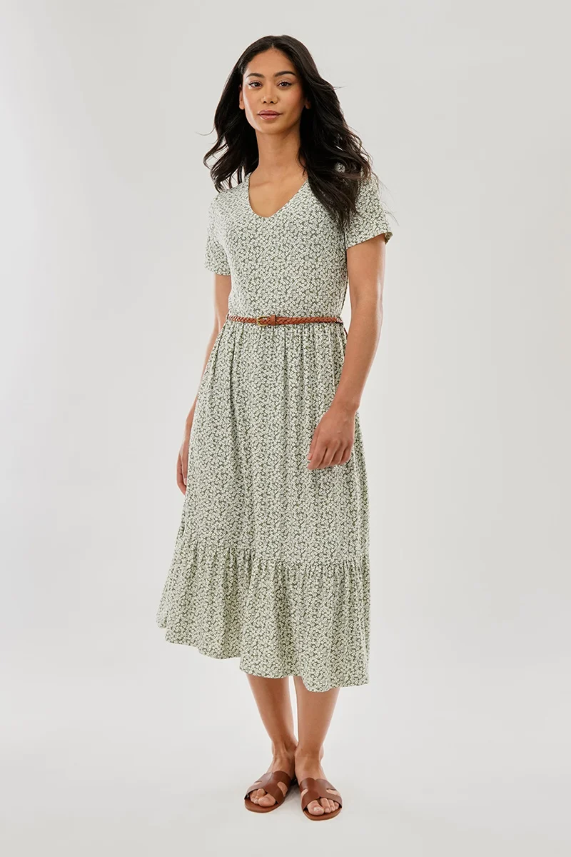 Floral Belted Short Sleeve Midi Dress - Olive