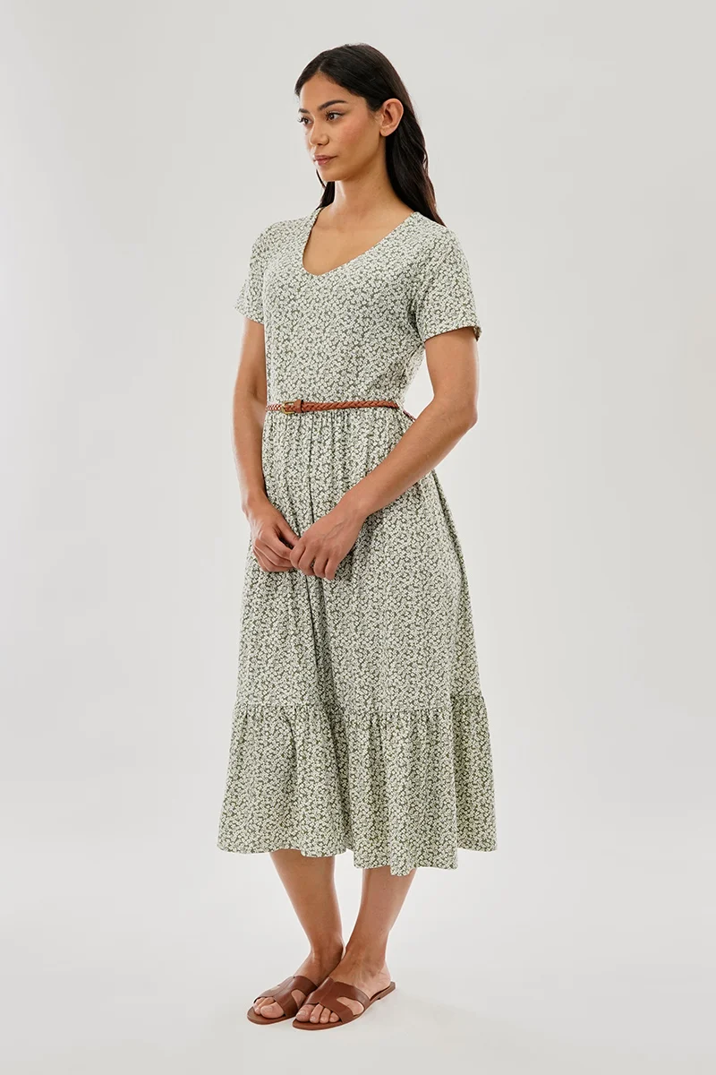 Floral Belted Short Sleeve Midi Dress - Olive - Image 2