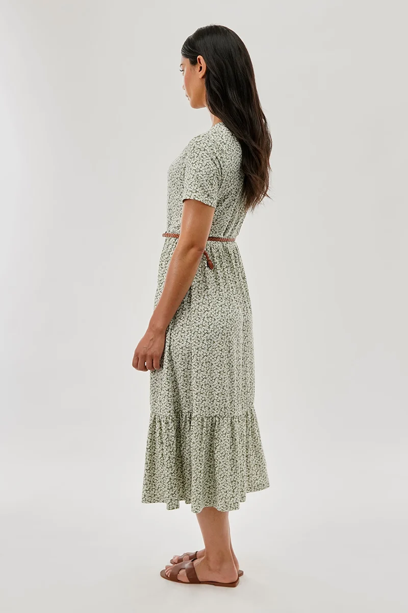 Floral Belted Short Sleeve Midi Dress - Olive - Image 3