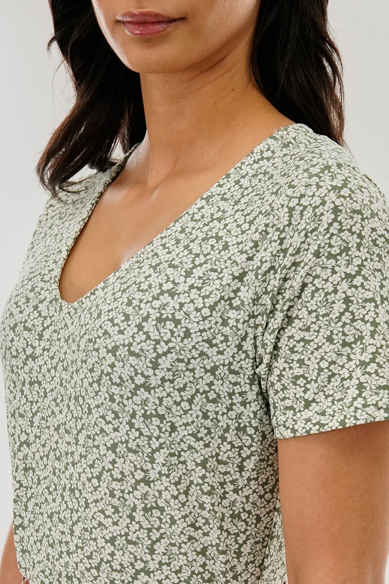 Floral Belted Short Sleeve Midi Dress - Olive - Image 4