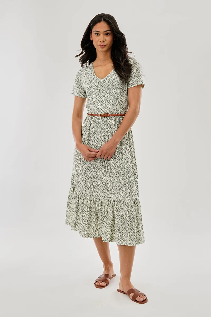 Floral Belted Short Sleeve Midi Dress - Olive - Image 5
