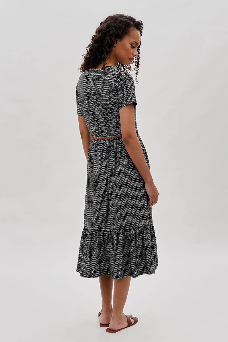 Belted Short Sleeve Midi Dress - Black - Image 3