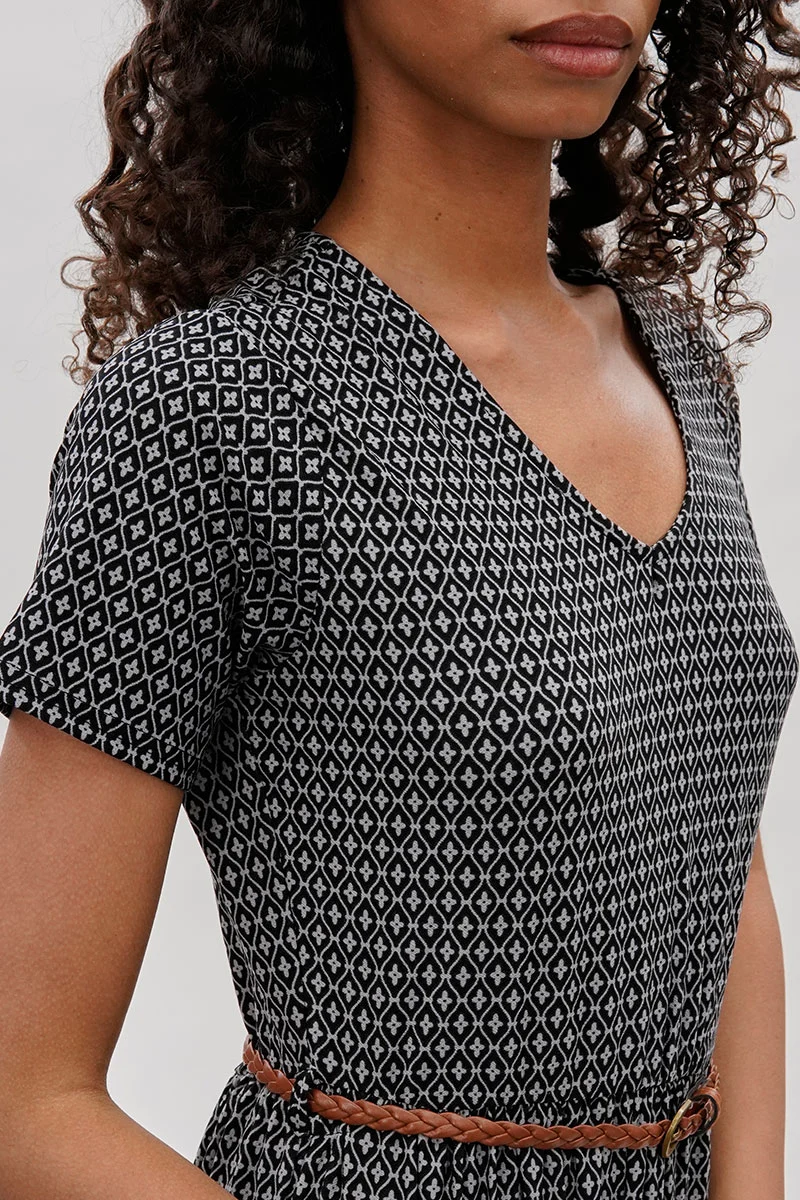 Belted Short Sleeve Midi Dress - Black - Image 4
