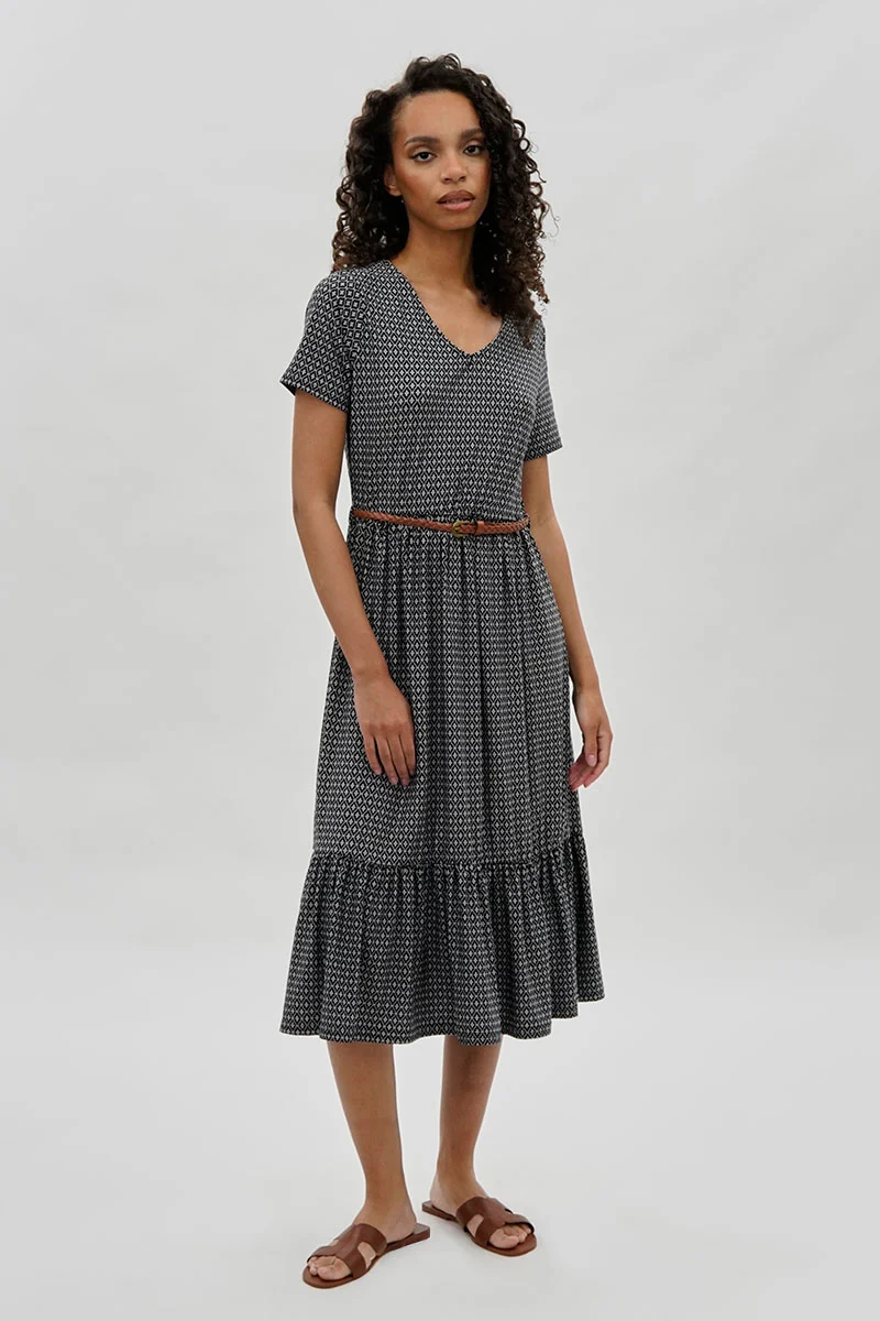 Belted Short Sleeve Midi Dress - Black - Image 5