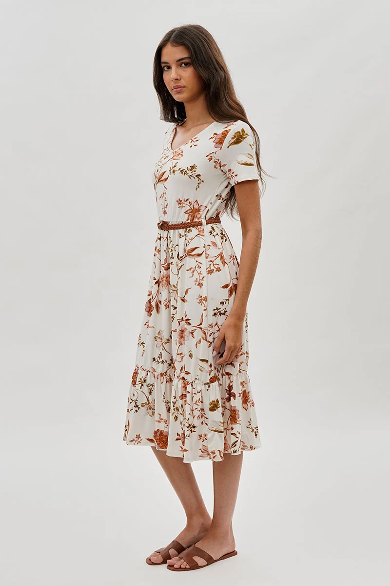 Belted Short Sleeve Midi Dress - White - Image 2