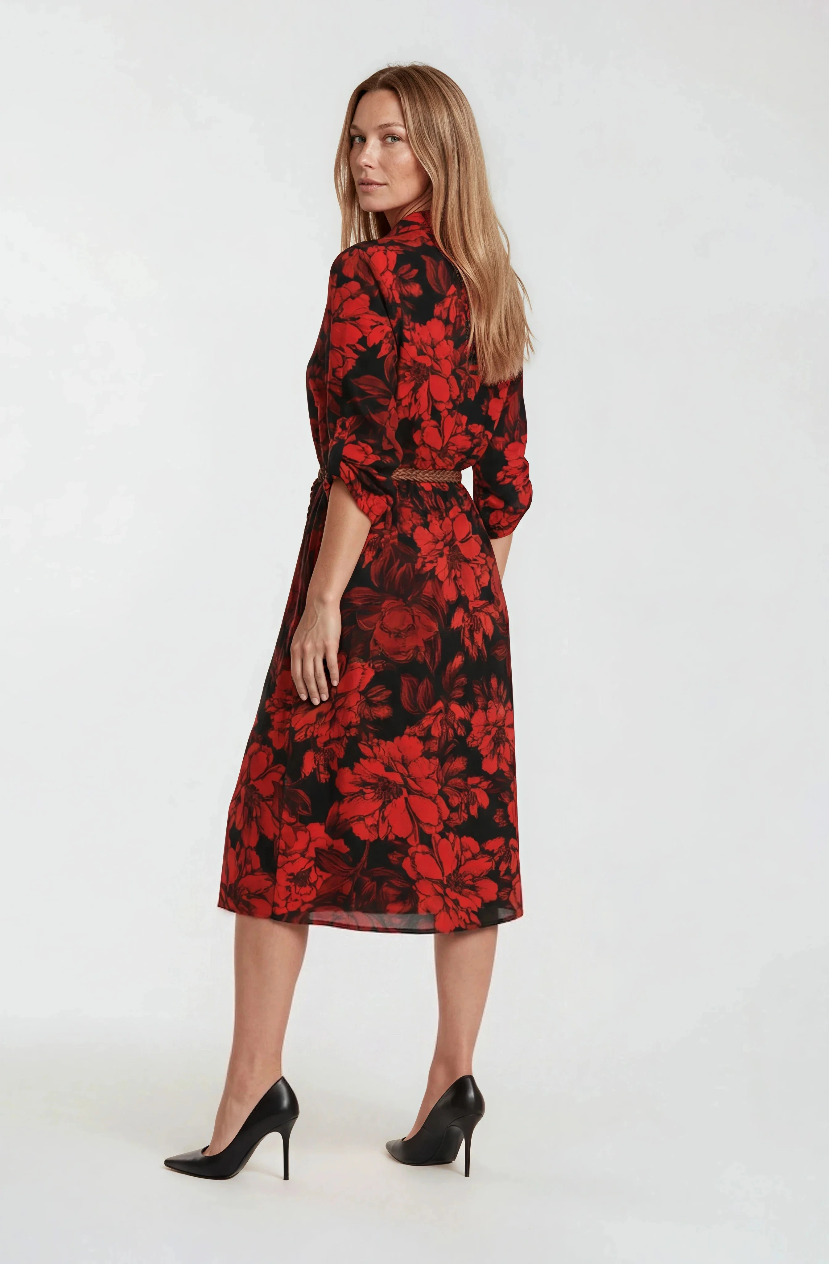 Belted Midi Dress - Red - Image 2