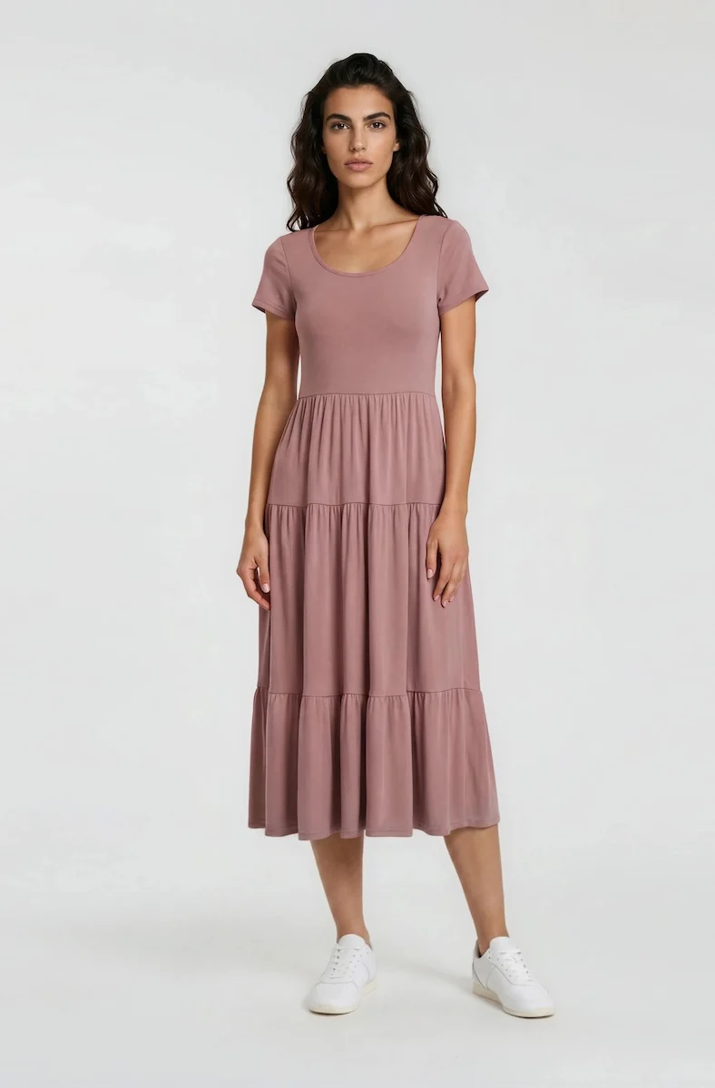 Short Sleeve Tiered Day Dress - Rust