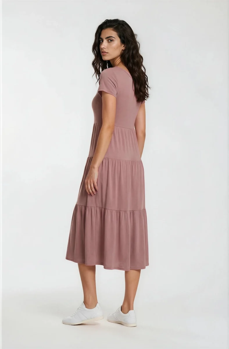 Short Sleeve Tiered Day Dress - Rust - Image 2