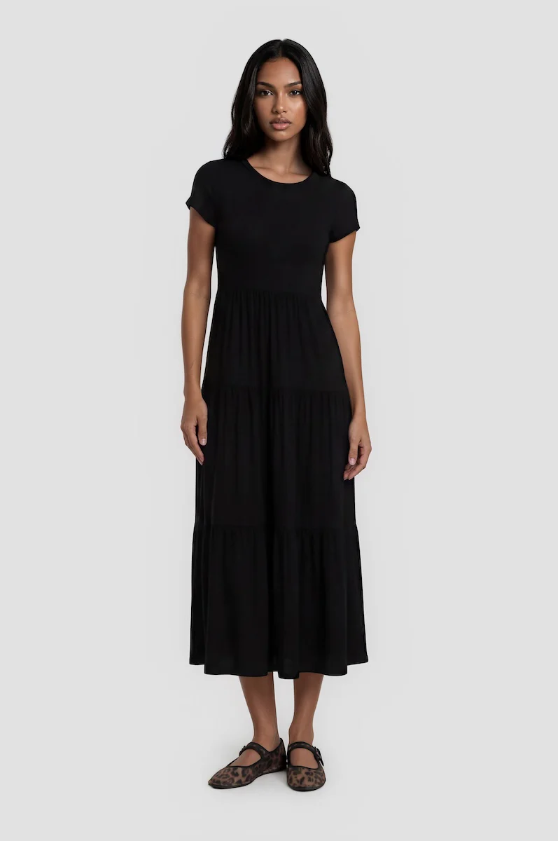 Short Sleeve Tiered Maxi Dress - Black