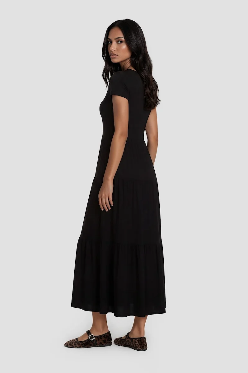 Short Sleeve Tiered Maxi Dress - Black - Image 2