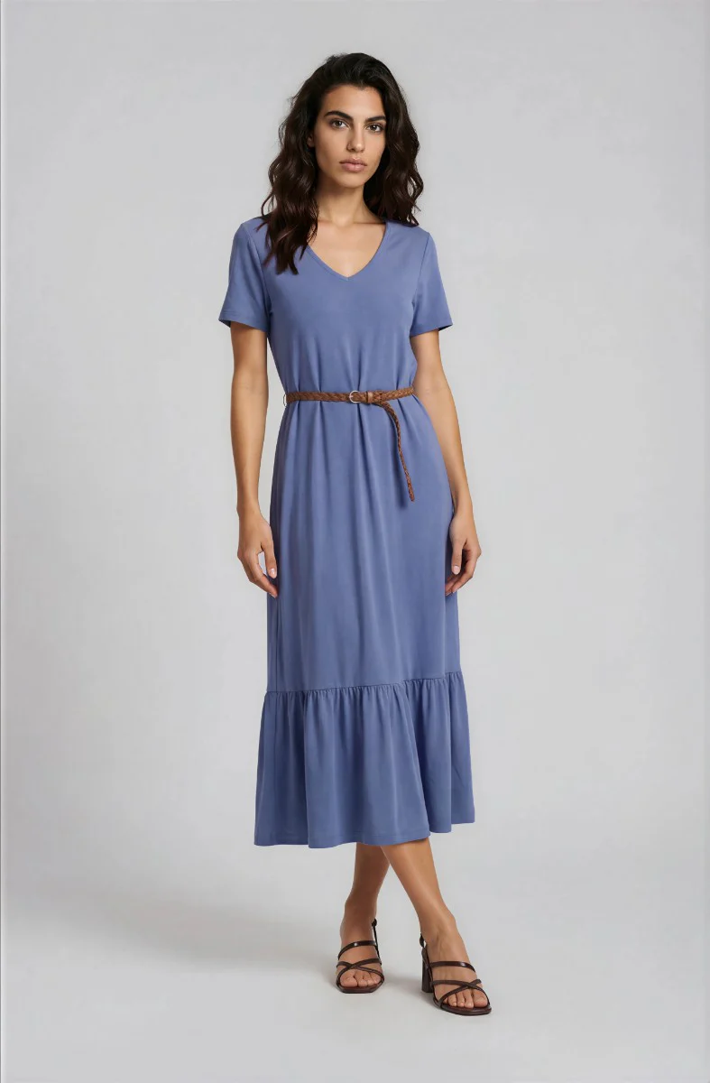 Short Sleeve Belted Dress - Blue