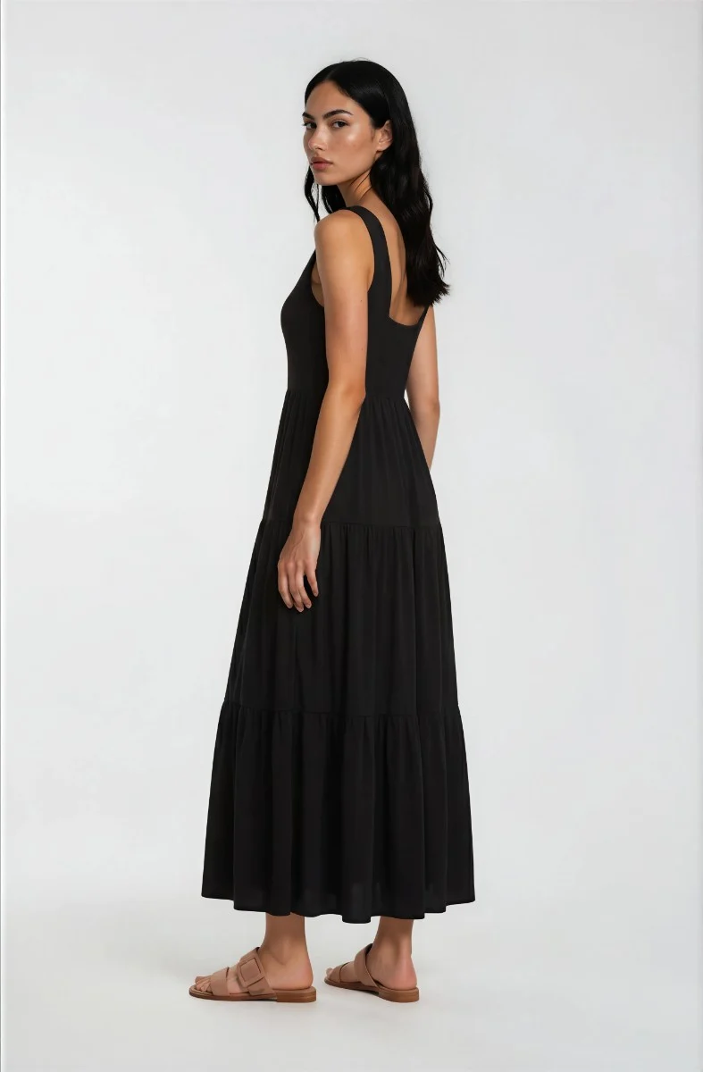 Sleeveless Tiered Maxi Dress - Black - Image 2