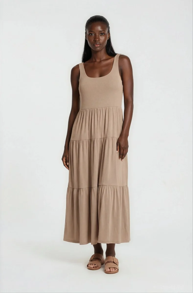 Sleeveless Tiered Maxi Dress - Beige