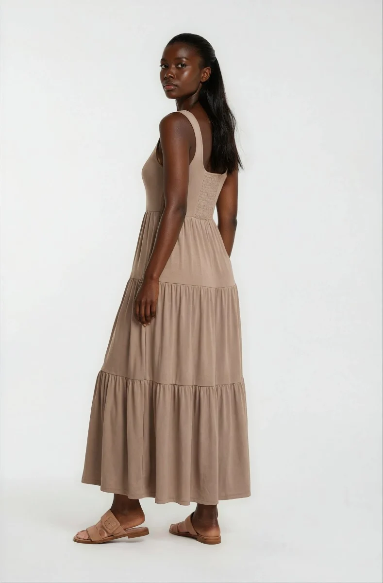 Sleeveless Tiered Maxi Dress - Beige - Image 2