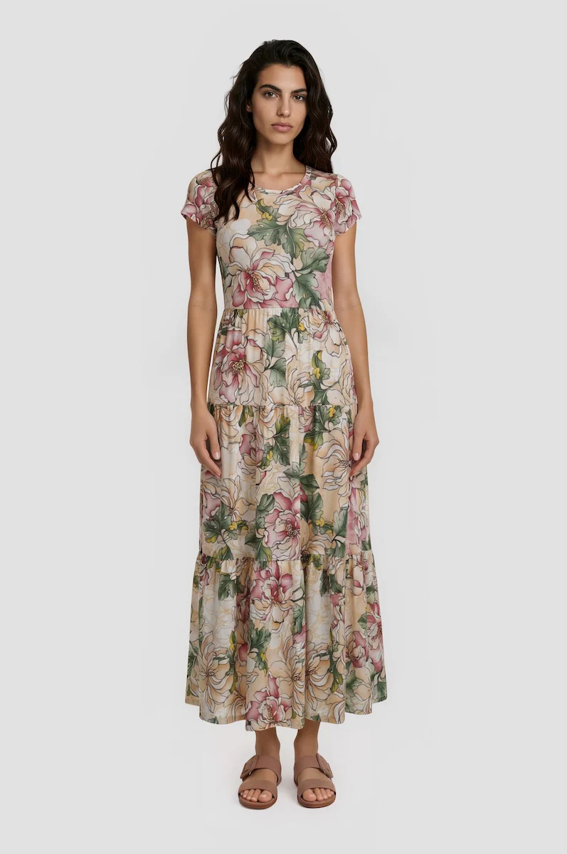Short Sleeve Tiered Maxi Dress - Multi