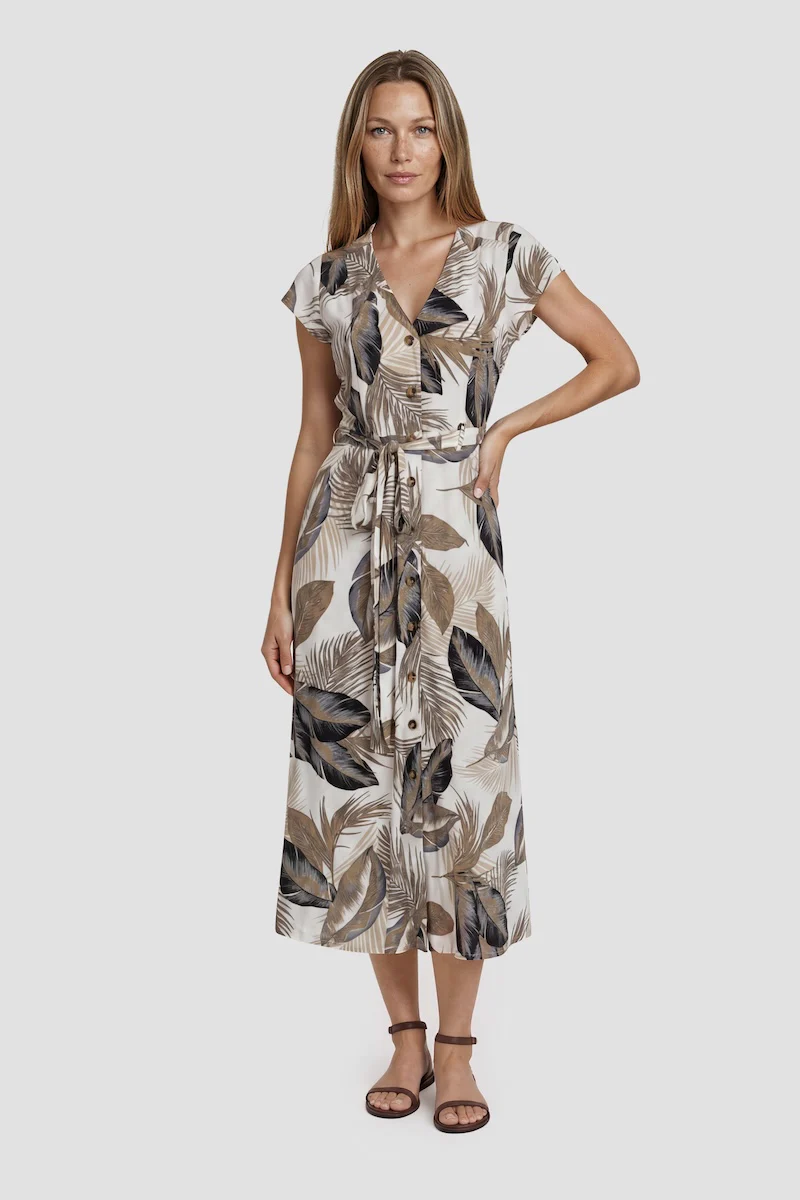 V-Neck Cap Sleeve Printed Day Dress - Multi