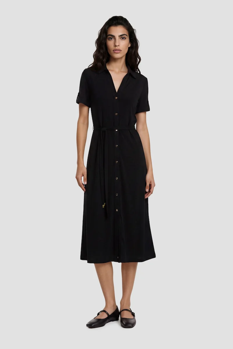 Short Sleeve Button Up Day Dress - Black