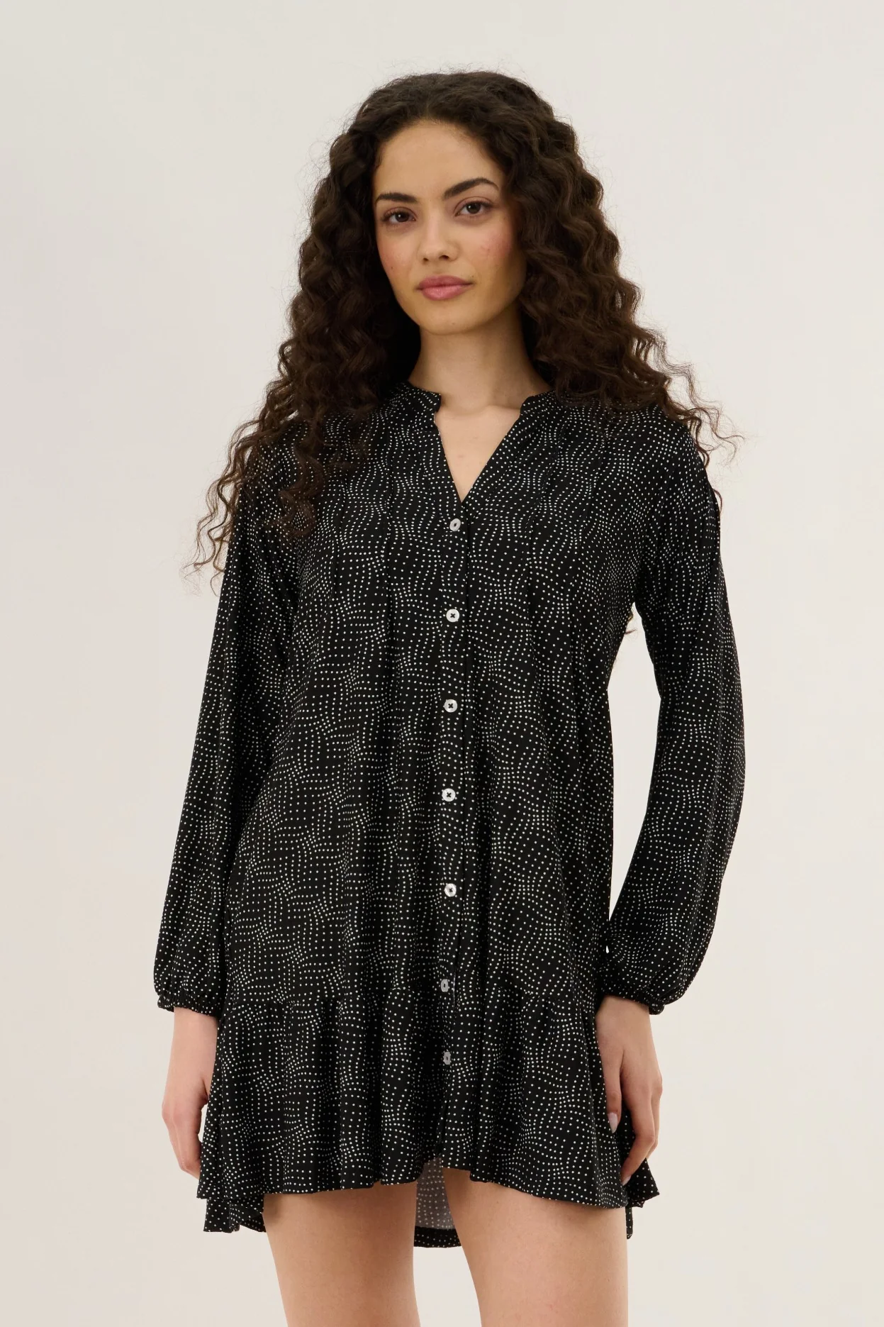 V Neck Pleated Button Dress - Black