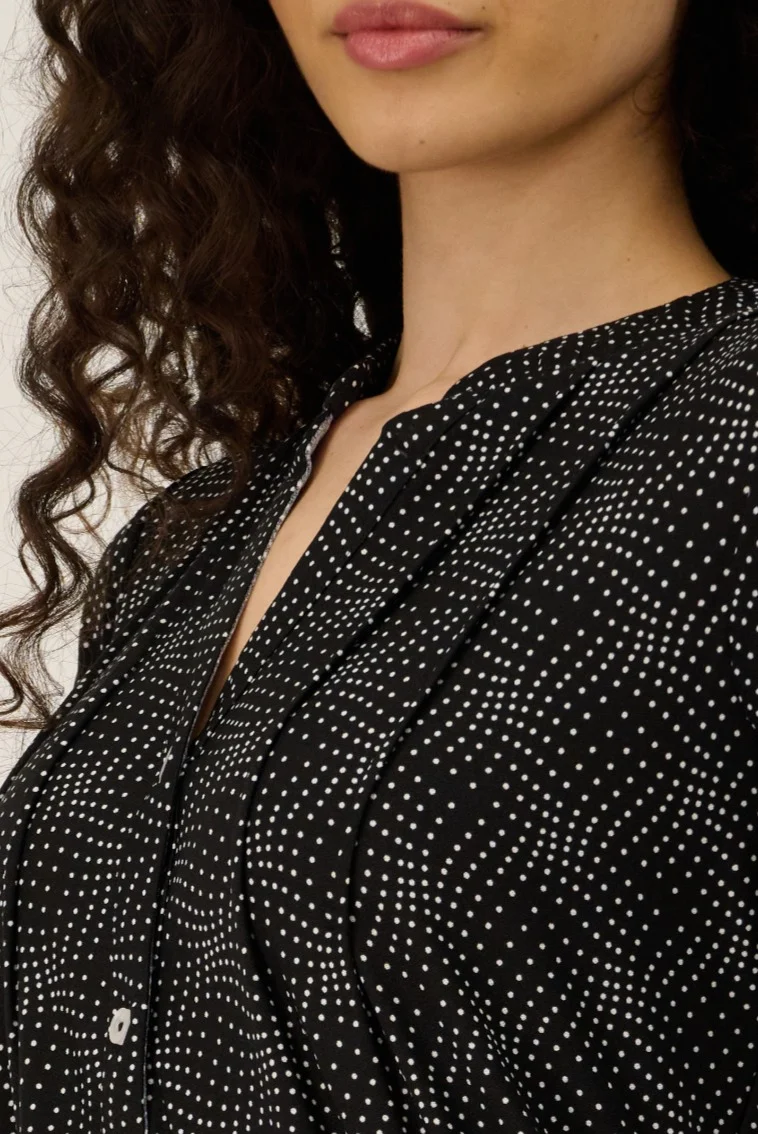 V Neck Pleated Button Dress - Black - Image 4