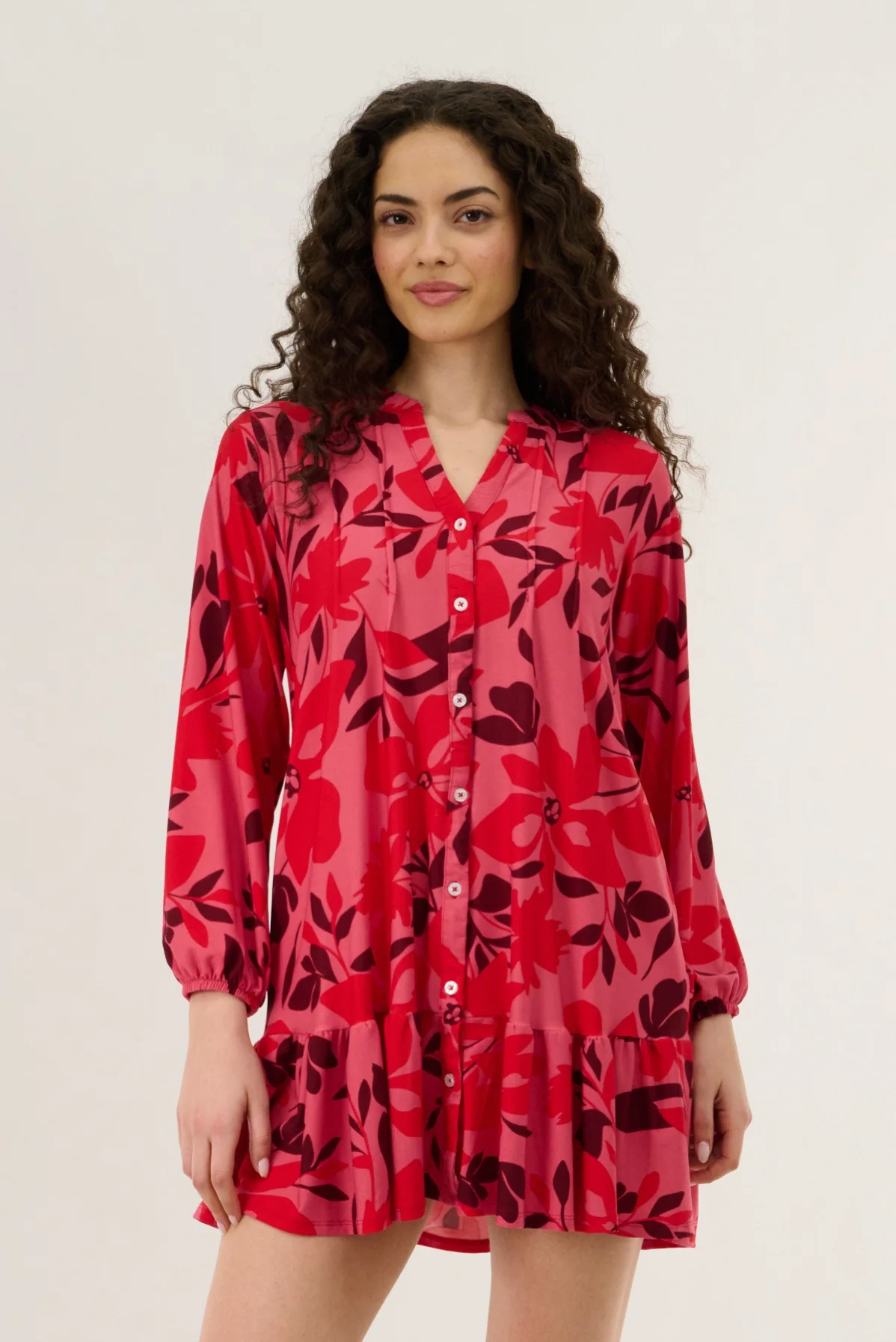 V Neck Pleated Button Dress - Magenta