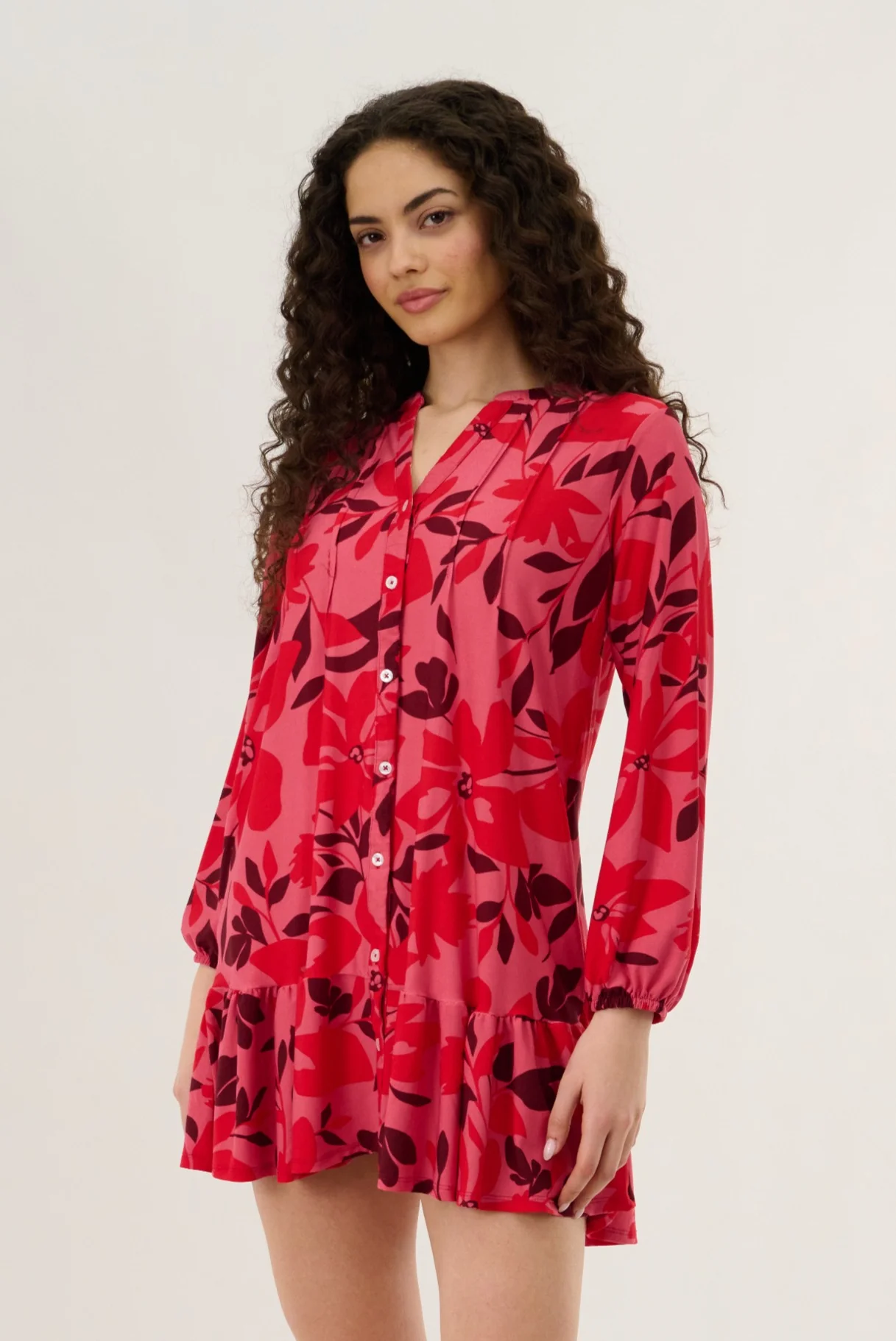 V Neck Pleated Button Dress - Magenta - Image 2