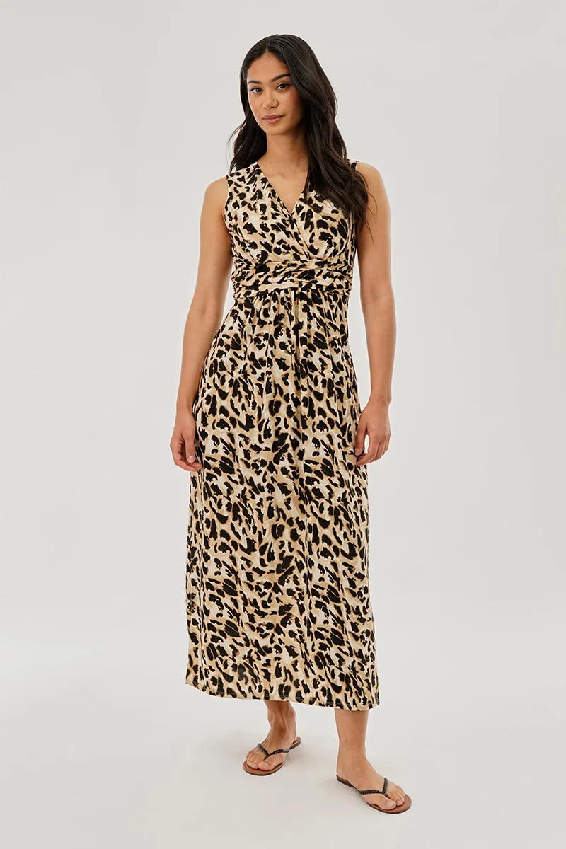 Leopard Print V-Neck Maxi Dress - Beige