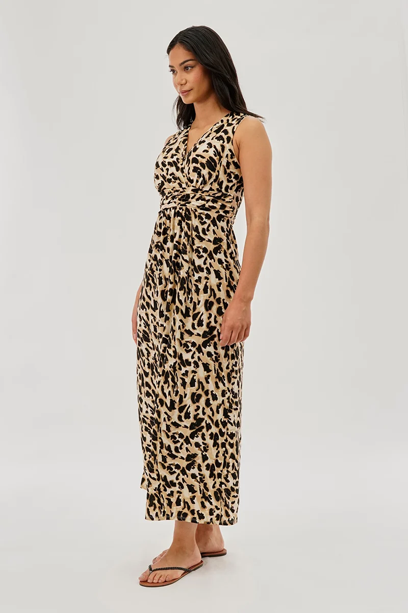 Leopard Print V-Neck Maxi Dress - Beige - Image 2