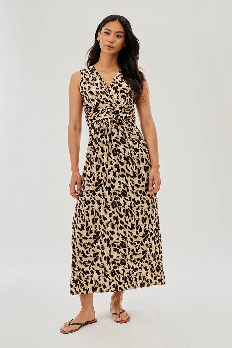 Leopard Print V-Neck Maxi Dress - Beige - Image 5