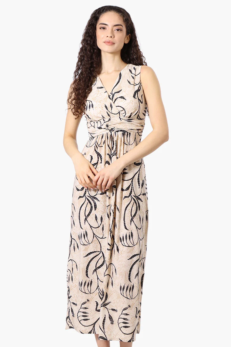 Floral Padded Crossover Maxi Dress - Beige