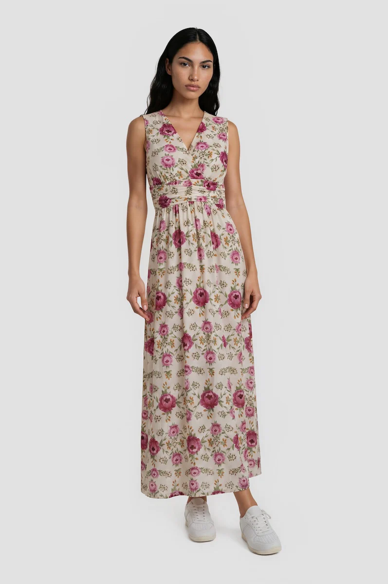 Printed Sleeveless Maxi Dress - Cream