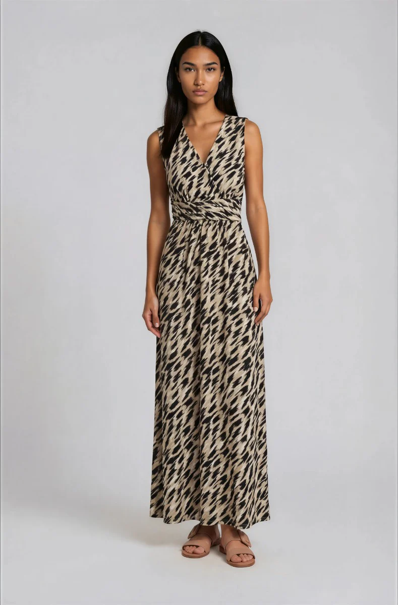 Sleeveless Printed Maxi Dress - Beige