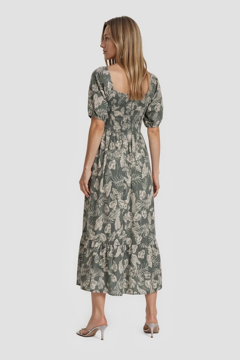 Square Neck Puff Sleeve Midi Dress - Green - Image 2