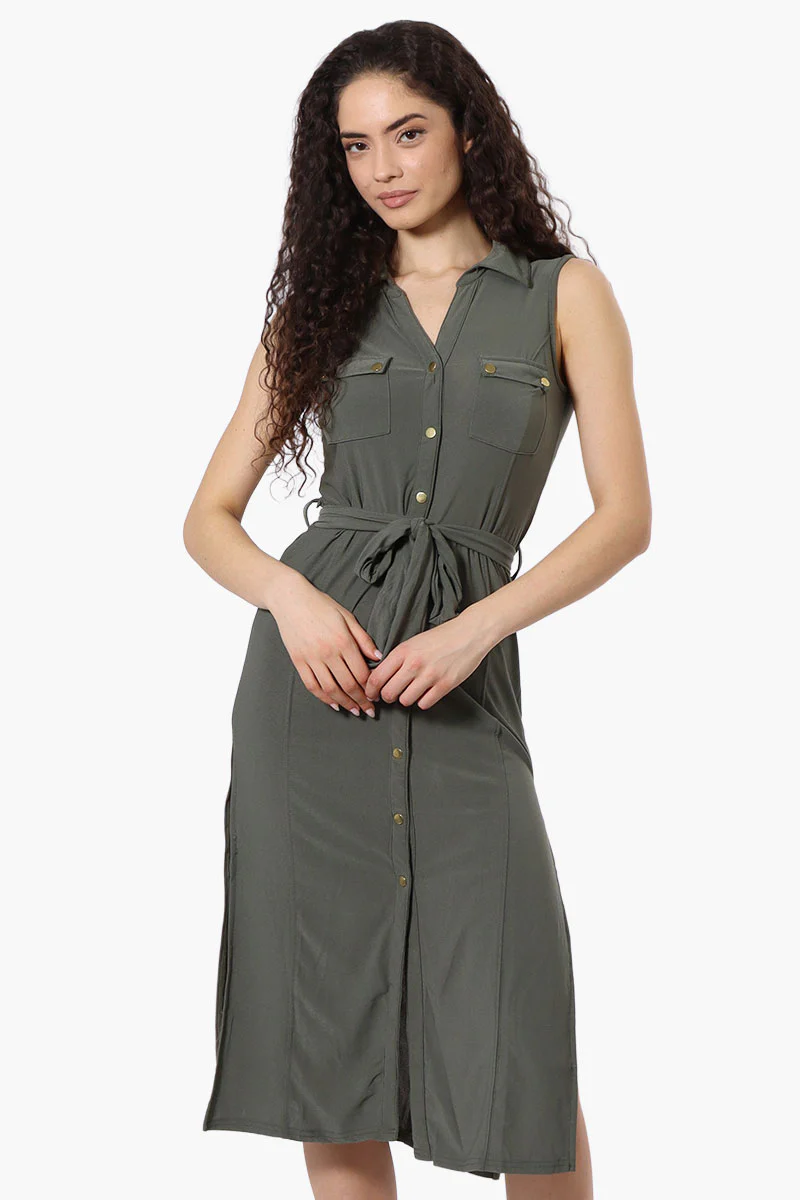 Button Down Belted Maxi Dress - Olive