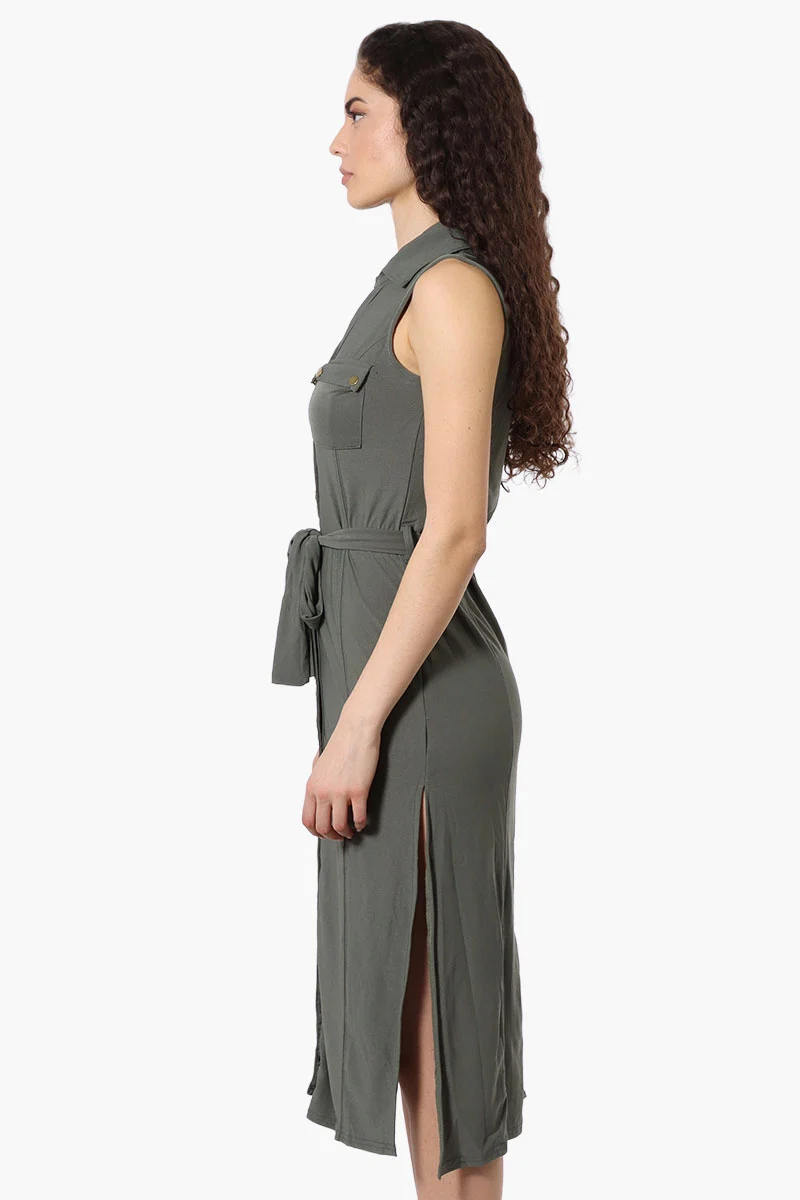 Button Down Belted Maxi Dress - Olive - Image 2