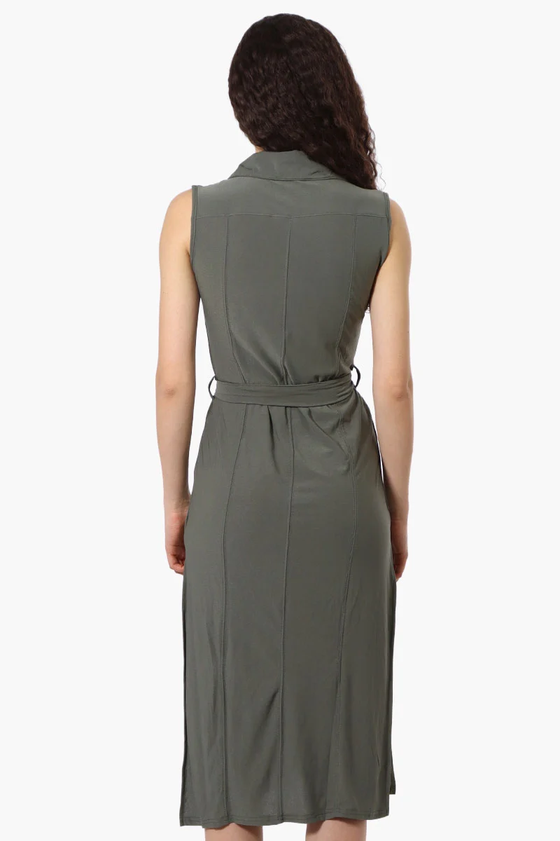Button Down Belted Maxi Dress - Olive - Image 3