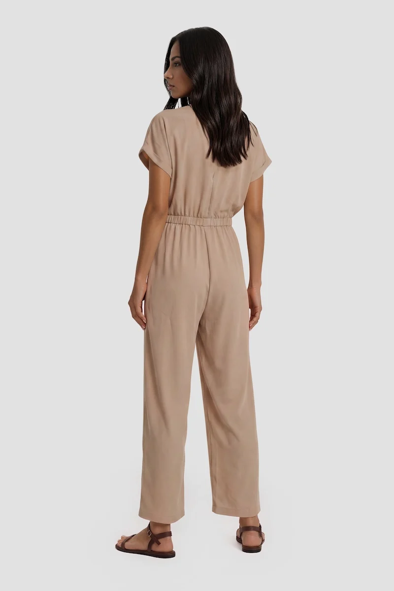 V-Neck Jumpsuit - Taupe - Image 2