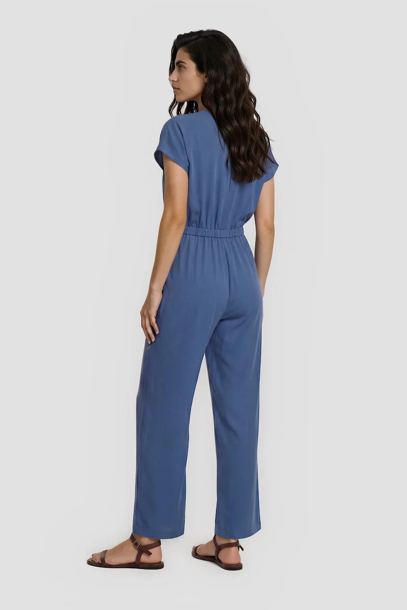V-Neck Jumpsuit - Blue - Image 2
