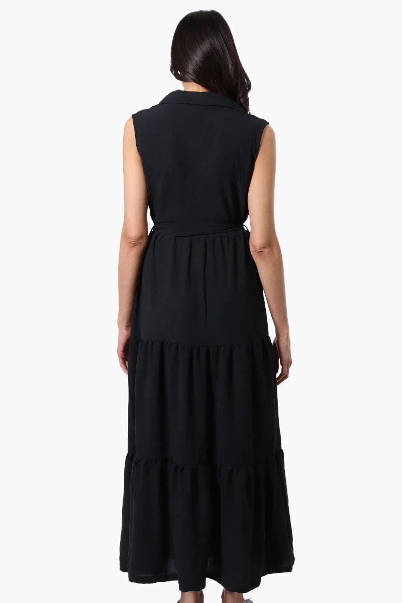 Belted Tiered Front Button Maxi Dress - Black - Image 3