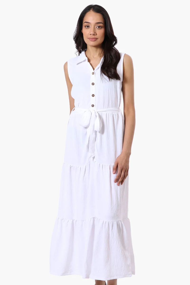 Belted Tiered Front Button Maxi Dress - White