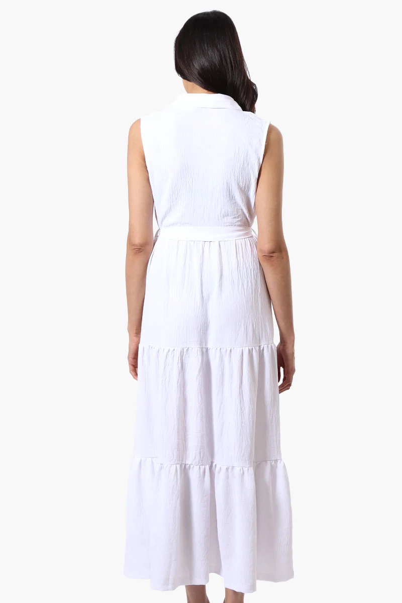 Belted Tiered Front Button Maxi Dress - White - Image 3