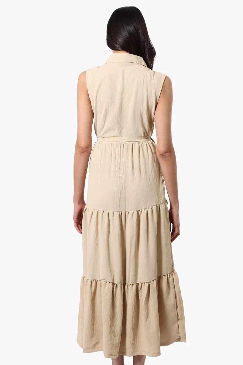 Belted Tiered Front Button Maxi Dress - Beige - Image 3