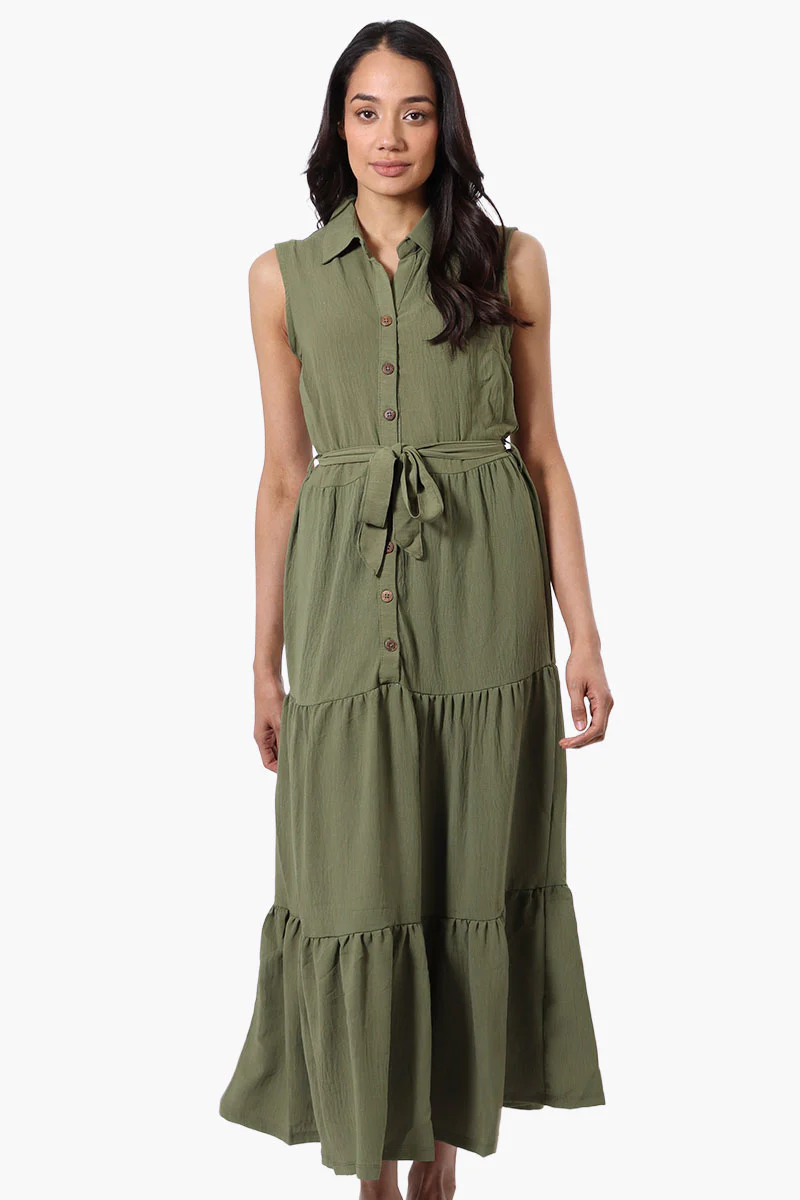 Belted Tiered Front Button Maxi Dress - Olive