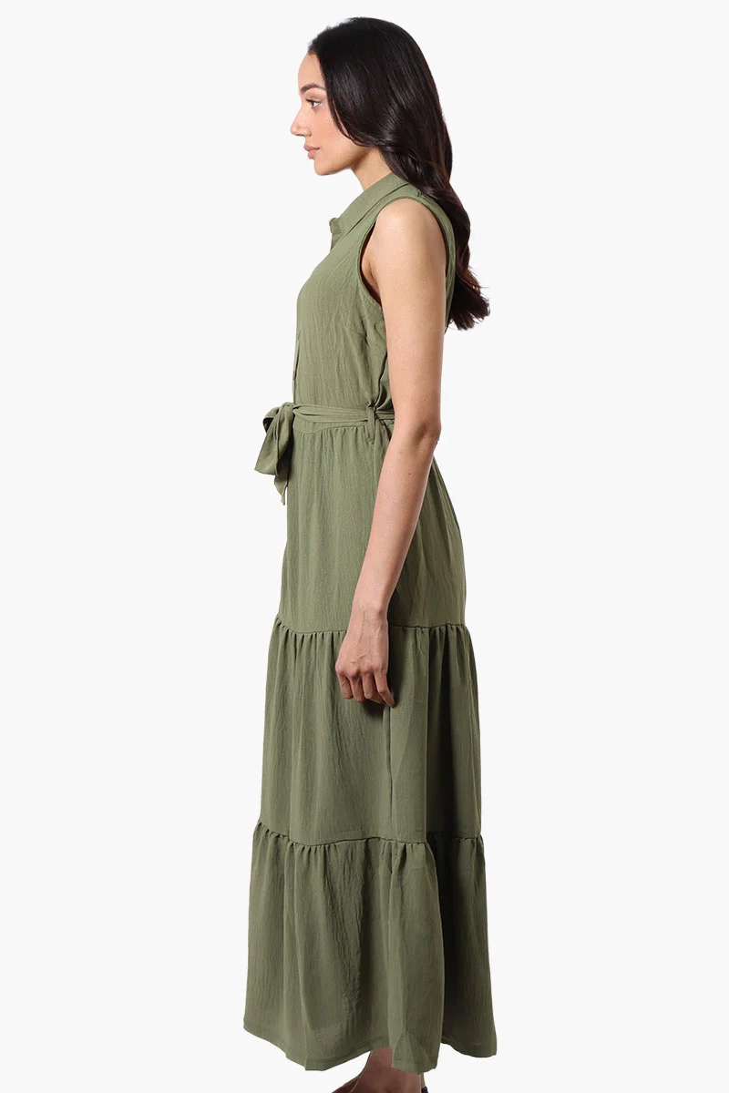 Belted Tiered Front Button Maxi Dress - Olive - Image 2