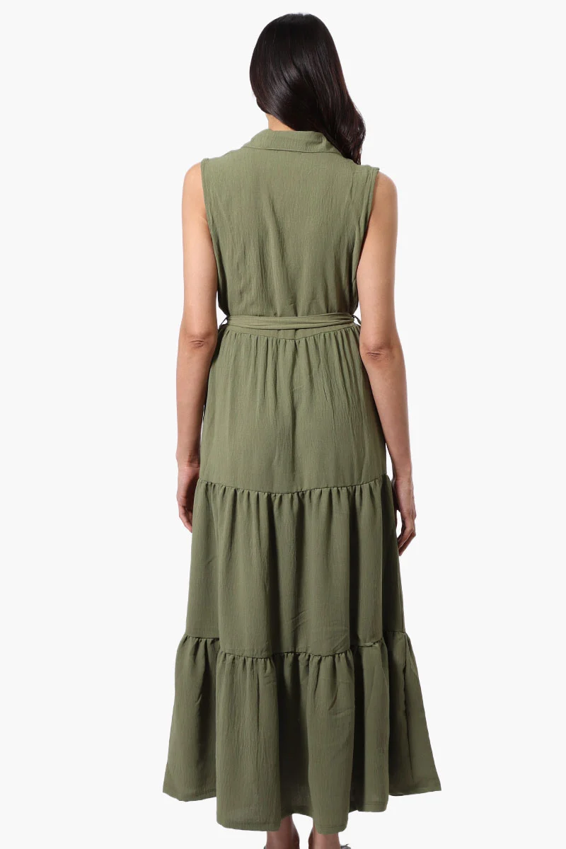 Belted Tiered Front Button Maxi Dress - Olive - Image 3