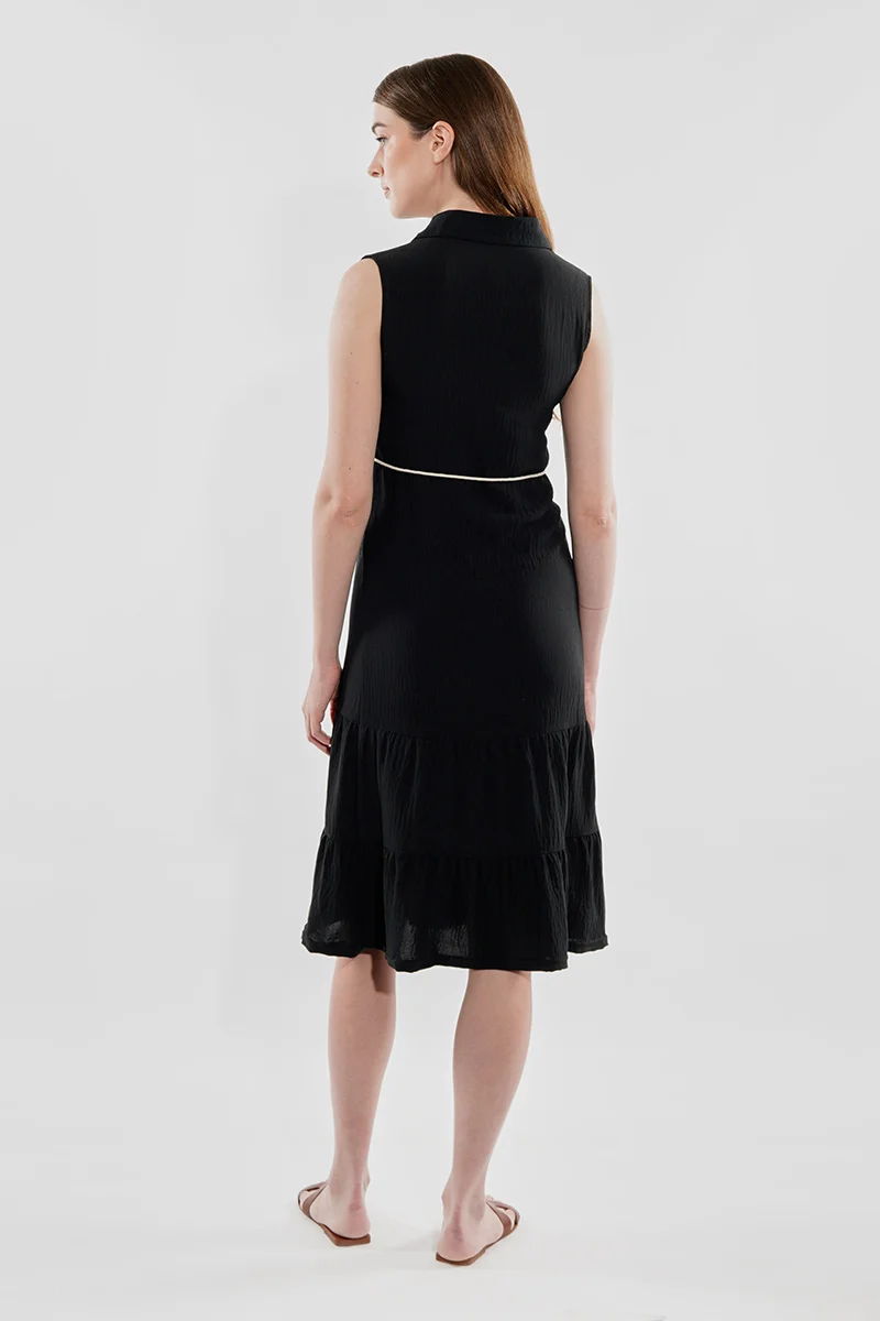Rope Belted Button Down Day Dress - Black - Image 3