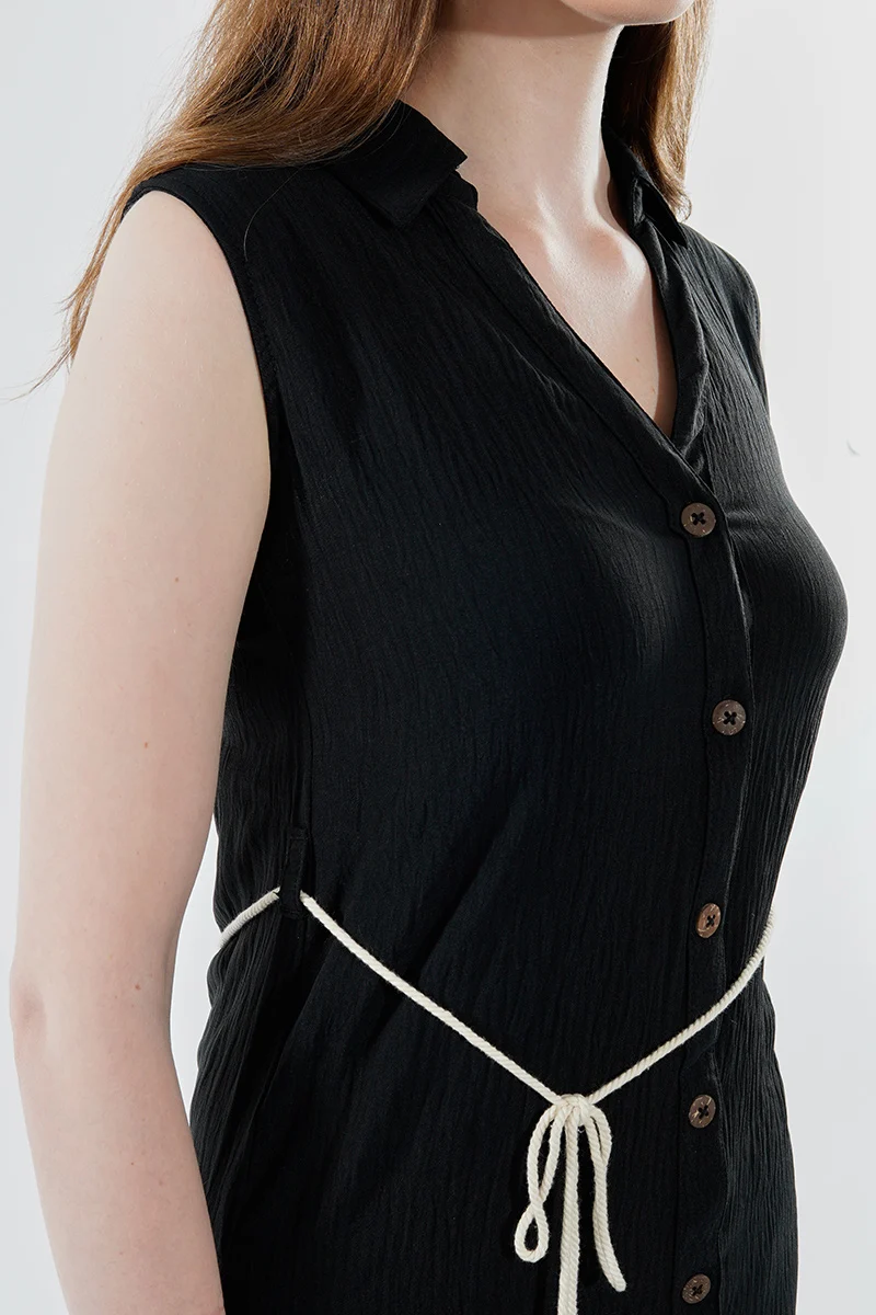 Rope Belted Button Down Day Dress - Black - Image 4